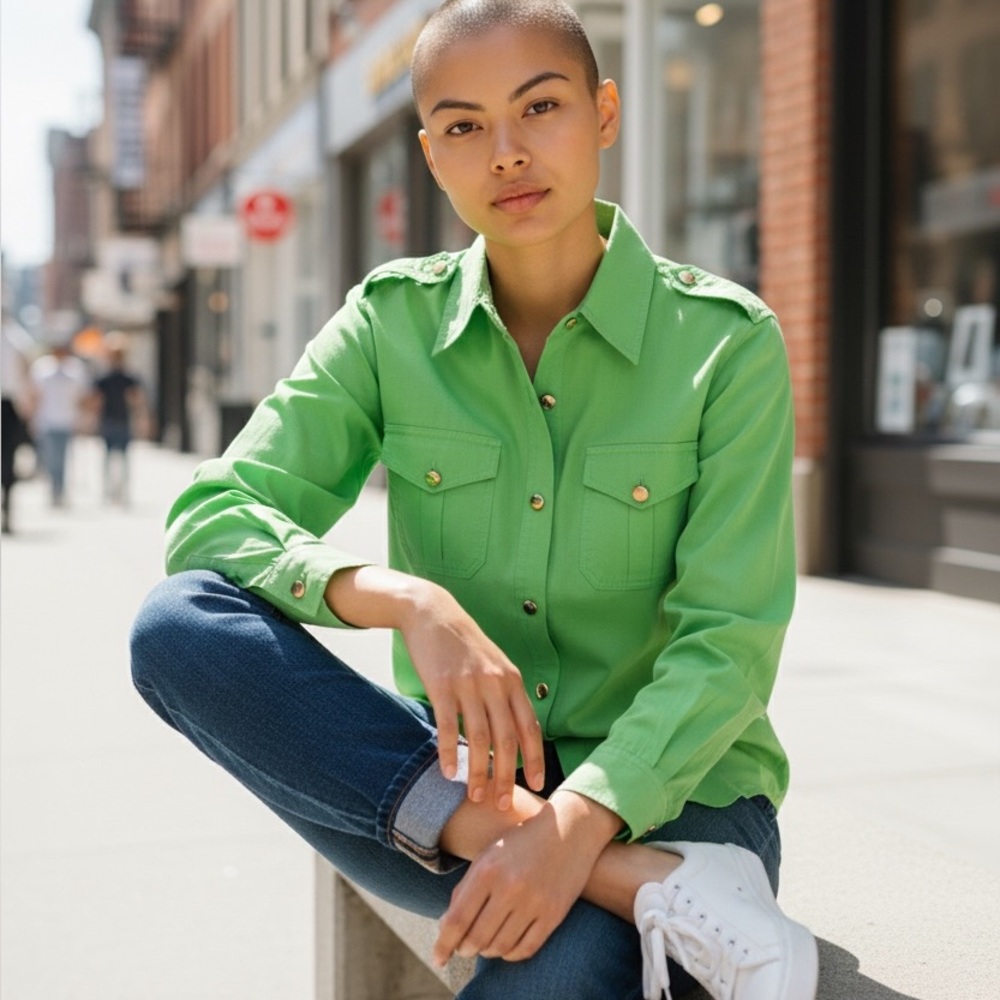 Tory Burch Green Cotton Button-Down Blouse Gold Logo Buttons Designer Shirt Sz 4